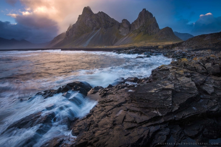 Iceland Seascape mountains and ocean at sunset
