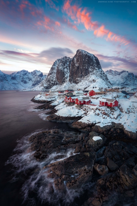 Lofoten Norway with red huts at sunrise